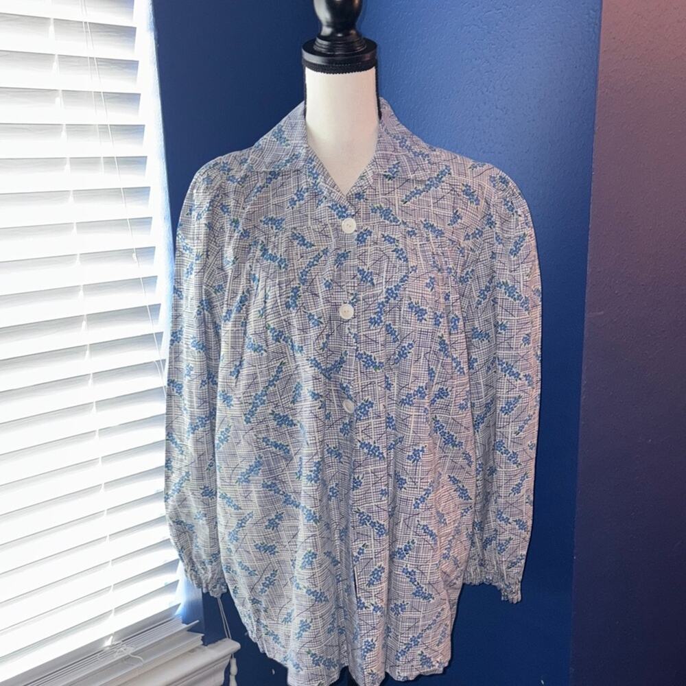 1940s Handmade Utility Blouse – Blue, White & Black Pattern
